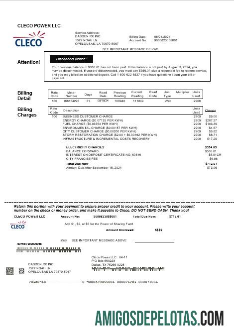 Em branco modelo de conta de serviços públicos de eletricidade da Cleco Power dos EUA Louisiana em formatos Word e PDF